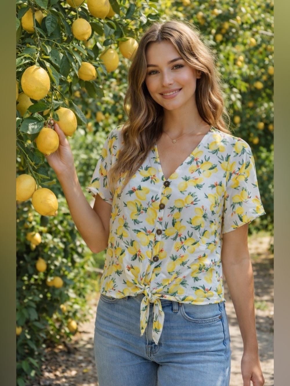 Pink Rose Lemon 🍋 Print Tie Front Textured Crepe Stretch Short Sleeve Summer Top